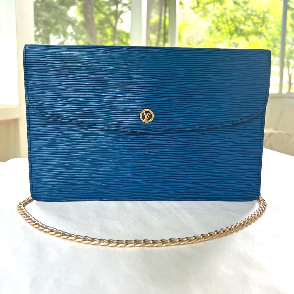 Louis Vuitton Blue Textured Clutch with Gold Chain